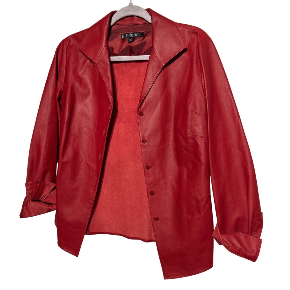 Lafayette 148 New‎ York Lambskin Leather Button Up Shacket Red Women's Size 8 - Picture 3 of 11